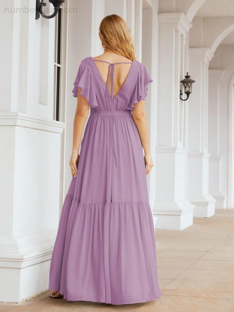 Numbersea Women's Open Back Formal Evening Party Prom Gowns V-Neck Long Chiffon Bridesmaid Dresses with Waist Belt 28038