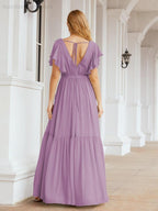 Numbersea Women's Open Back Formal Evening Party Prom Gowns V-Neck Long Chiffon Bridesmaid Dresses with Waist Belt 28038