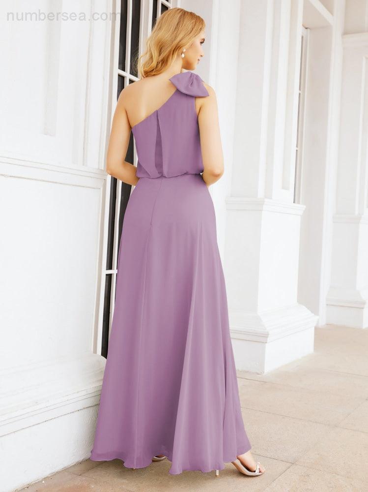 Numbersea Chiffon Ruffled One Shoulder Sleeveless Long Bride Dresses A-line Formal Evening Gown Side Split 28057
