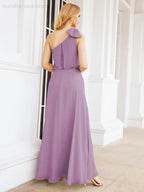 Numbersea Chiffon Ruffled One Shoulder Sleeveless Long Bride Dresses A-line Formal Evening Gown Side Split 28057