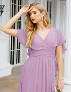 Numbersea Chiffon Bridesmaid Dresses Long Formal Evening Prom Mother of The Bride Dress with Flutter Sleeve     SEA28040