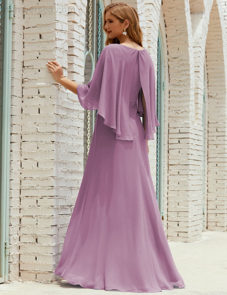 Sunnderly  Bridesmaid Dress Women Long Sleeve V-Neck Chiffon Formal Wedding Party Dress SY28018