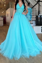 Gorgeous A Line V Neck Purple Long Prom Dress with Appliques