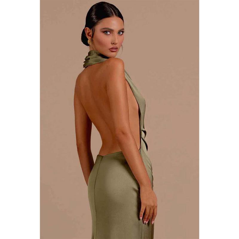Unique Halter Pleats Backless Long Formal Party Dress