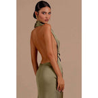 Unique Halter Pleats Backless Long Formal Party Dress