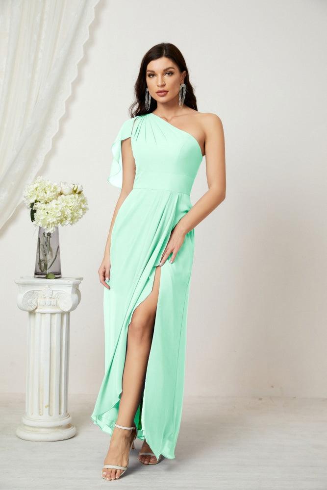 Numbersea  Chiffon Ruffled One Shoulder Long Bridesmaid Dresses A-line Formal Evening Gown Side Split 2809