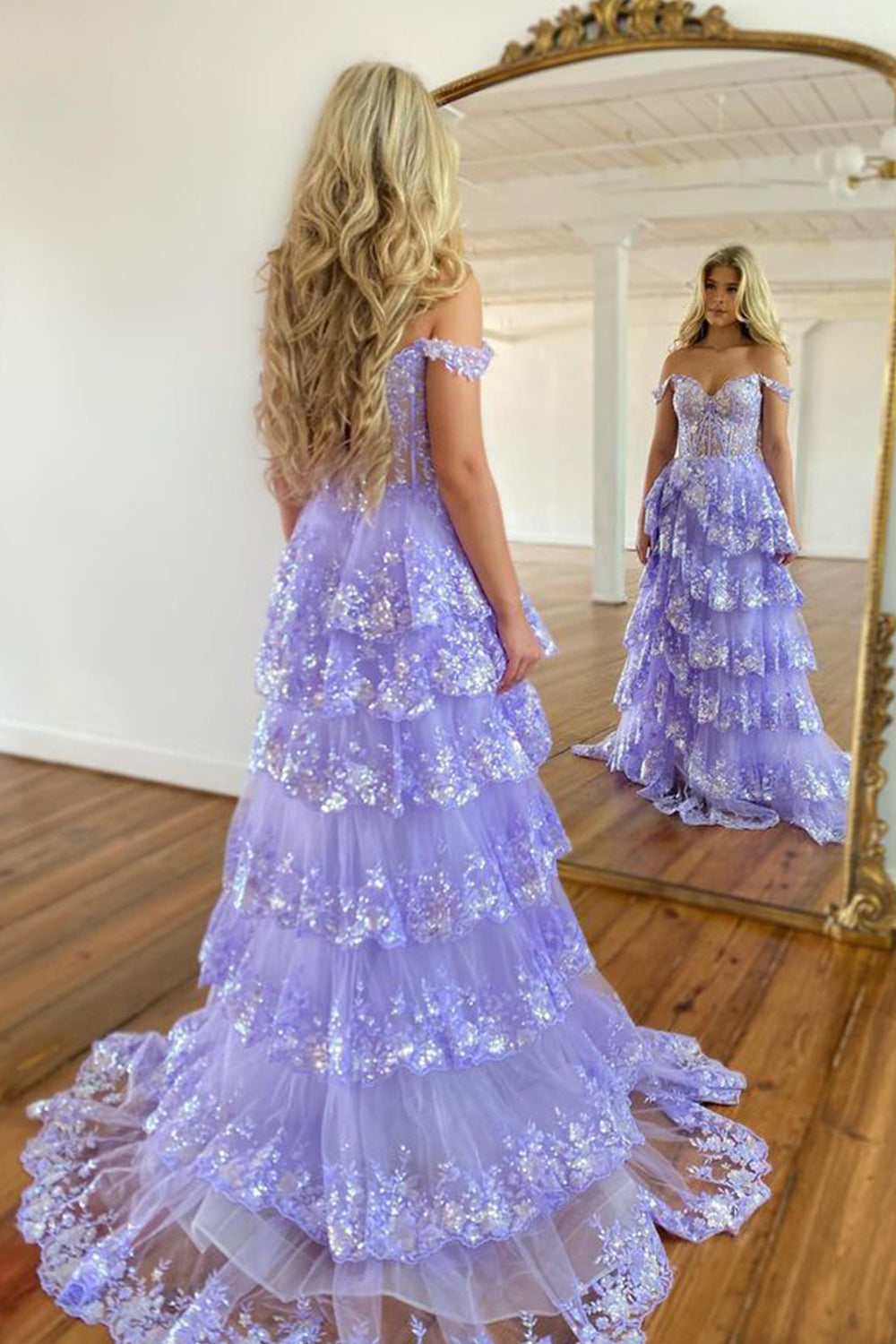 A Line Off the Shoulder Corset Prom Dress with Lace Ruffles