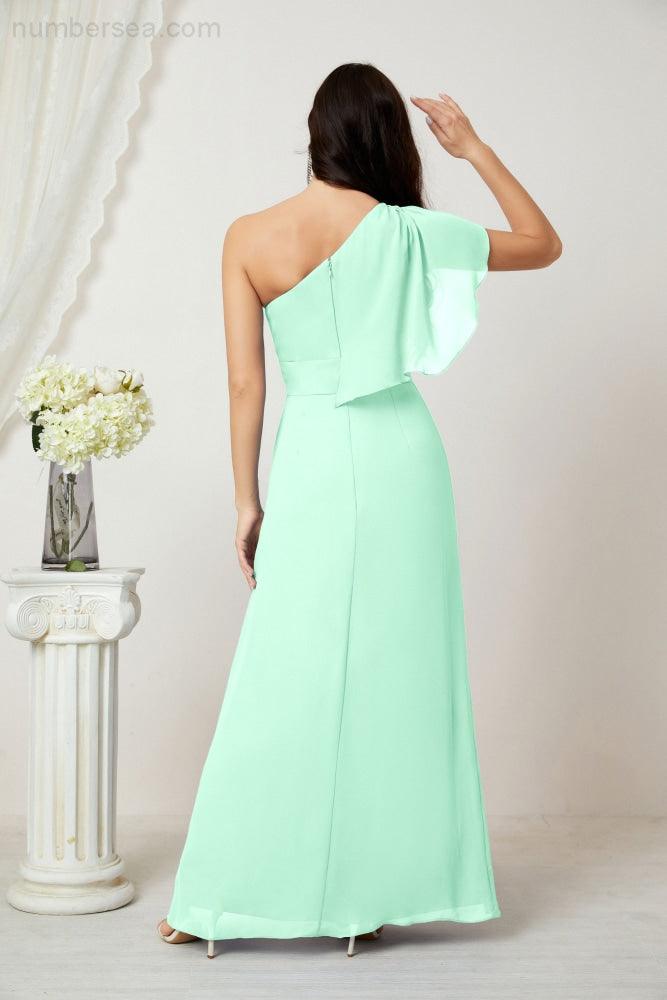 Numbersea  Chiffon Ruffled One Shoulder Long Bridesmaid Dresses A-line Formal Evening Gown Side Split 2809