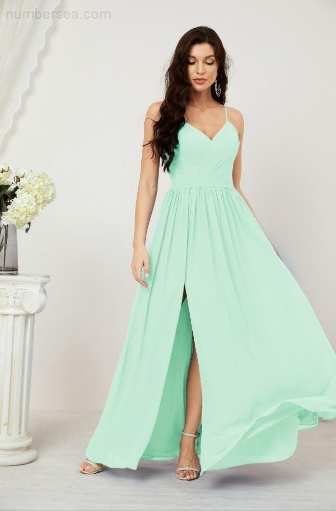 Baoleely  Neck Bridesmaid Dresses Chiffon Long Spaghetti A-line Formal Prom Gown for Wedding Party Evening 2801