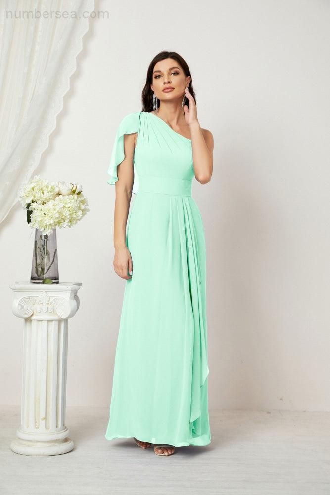Numbersea  Chiffon Ruffled One Shoulder Long Bridesmaid Dresses A-line Formal Evening Gown Side Split 2809