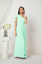 Numbersea  Chiffon Ruffled One Shoulder Long Bridesmaid Dresses A-line Formal Evening Gown Side Split 2809