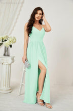 Baoleely  Neck Bridesmaid Dresses Chiffon Long Spaghetti A-line Formal Prom Gown for Wedding Party Evening 2801