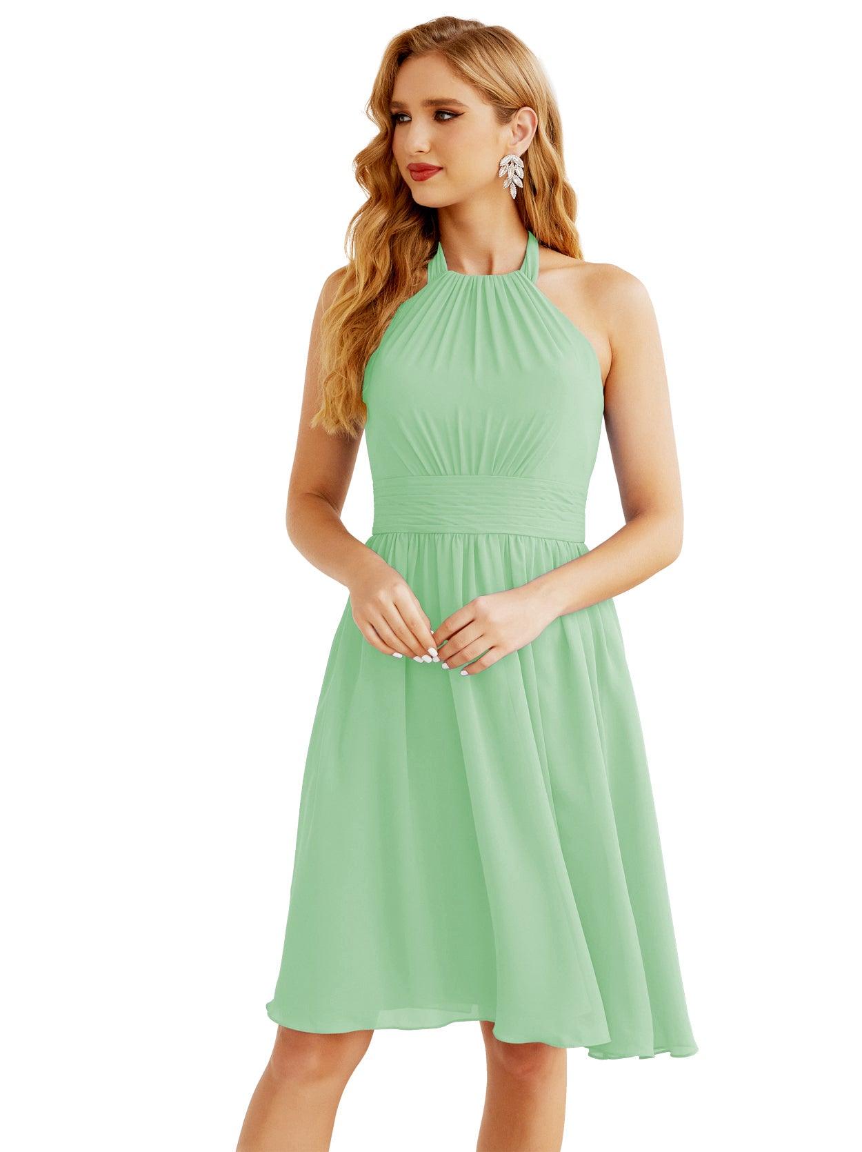 Baoleely Halter Chiffon Bridesmaid Dresses Short Sleeveless Formal Party Dress Open Back 28023