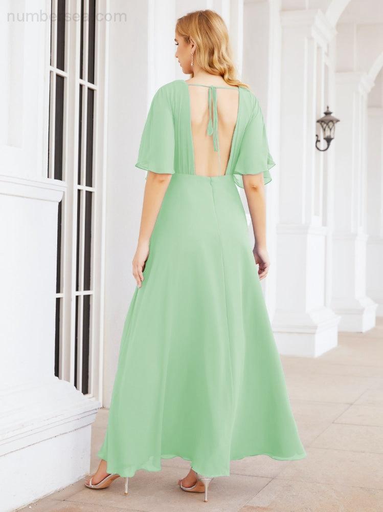 Numbersea V-Neck Bridesmaid Dress Chiffon Long Open Back Formal Dresses for Women Party Evening 28067
