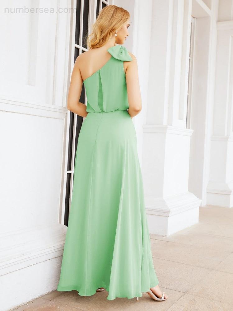 Numbersea Chiffon Ruffled One Shoulder Sleeveless Long Bride Dresses A-line Formal Evening Gown Side Split 28057