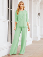 Sunnderly Elegant 2 Piece Mother of The Bride Dress Plus Size Pant Suits Ruffle Layers Sliver Housecoat SY28064