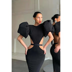 Round Neck Cut Outs Sheath Long Prom Evening Gown With Puff Sleeves