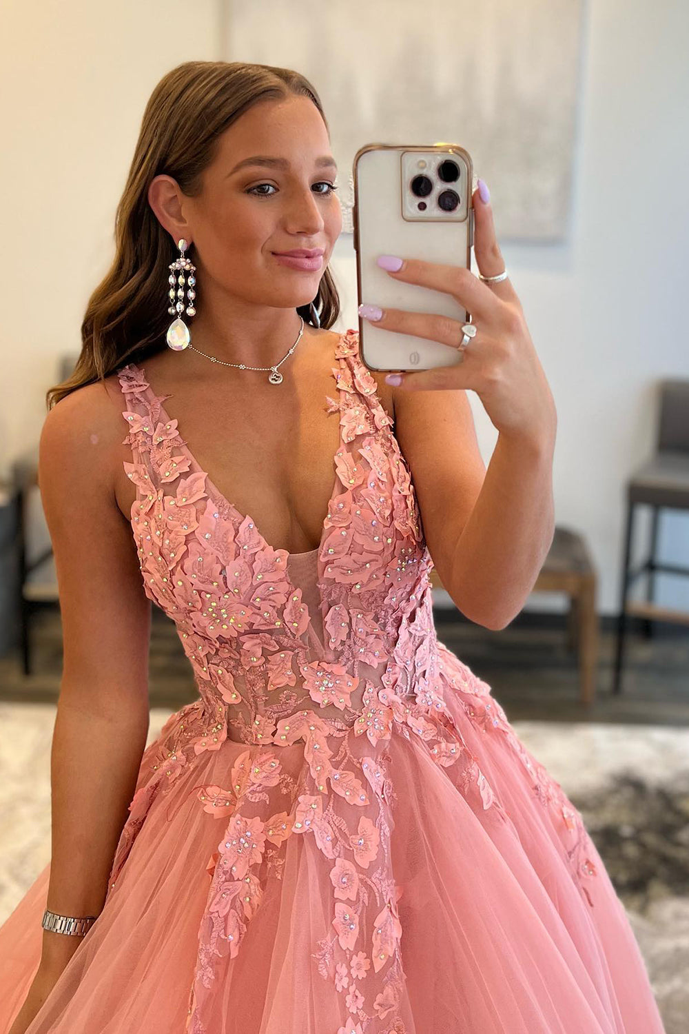 Princess A Line V Neck Orange Long Prom Dress with Appliques