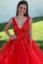 A-Line V-Neck Long Prom Dress With Appliques