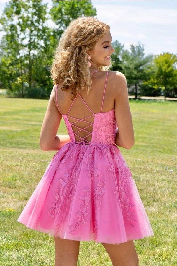 Straps Lace Applique Homecoming Dress Short Prom Dress