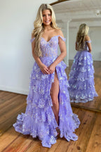 A Line Off the Shoulder Corset Prom Dress with Lace Ruffles