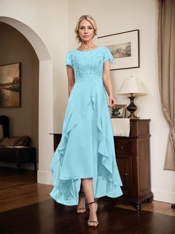 A-line Scoop Illusion Asymmetrical Chiffon Lace Mother of the Bride Dress With Bow Ruffle Sequins