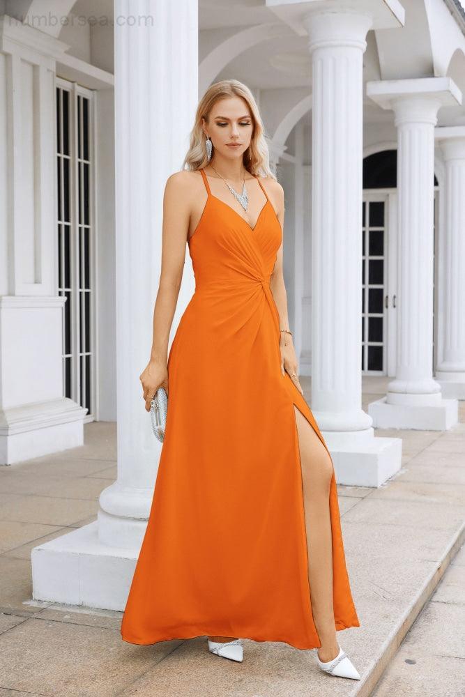 Ladies Chiffon Spaghetti Strap V Neck Front Slit Floor Length Bridesmaid Evening Dress Prom Party Wedding Evening Dress 28116