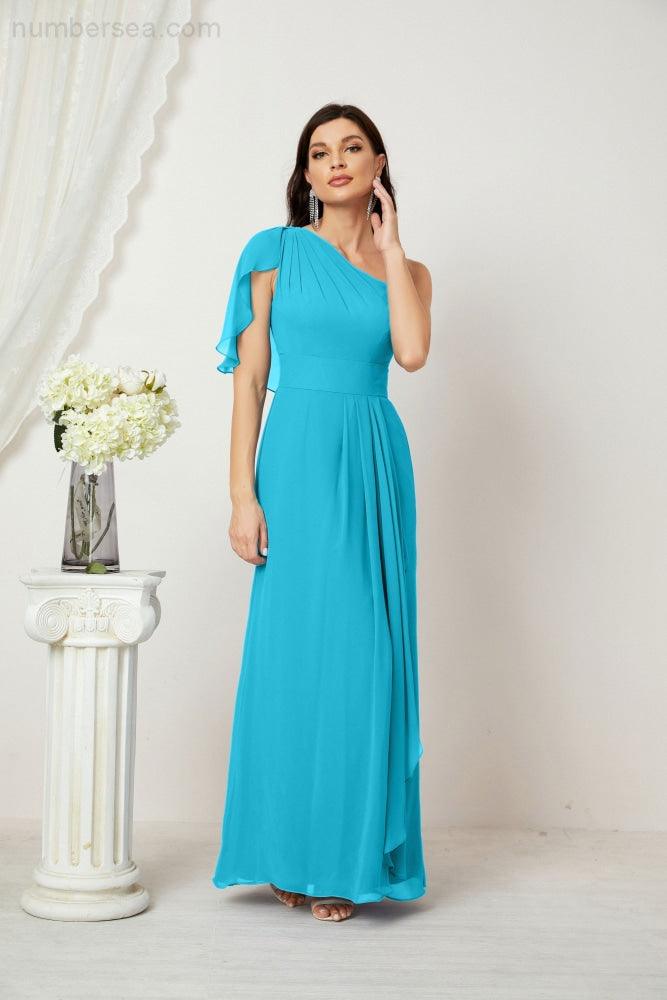 Numbersea  Chiffon Ruffled One Shoulder Long Bridesmaid Dresses A-line Formal Evening Gown Side Split 2809