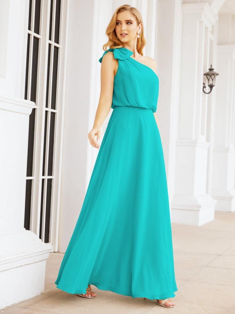 Numbersea Chiffon Ruffled One Shoulder Sleeveless Long Bride Dresses A-line Formal Evening Gown Side Split 28057