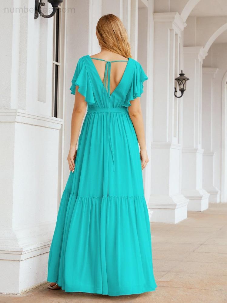 Numbersea Women's Open Back Formal Evening Party Prom Gowns V-Neck Long Chiffon Bridesmaid Dresses with Waist Belt 28038
