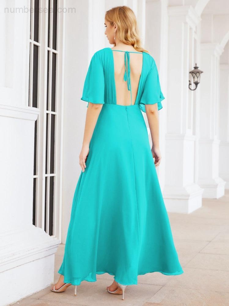 Numbersea V-Neck Bridesmaid Dress Chiffon Long Open Back Formal Dresses for Women Party Evening 28067