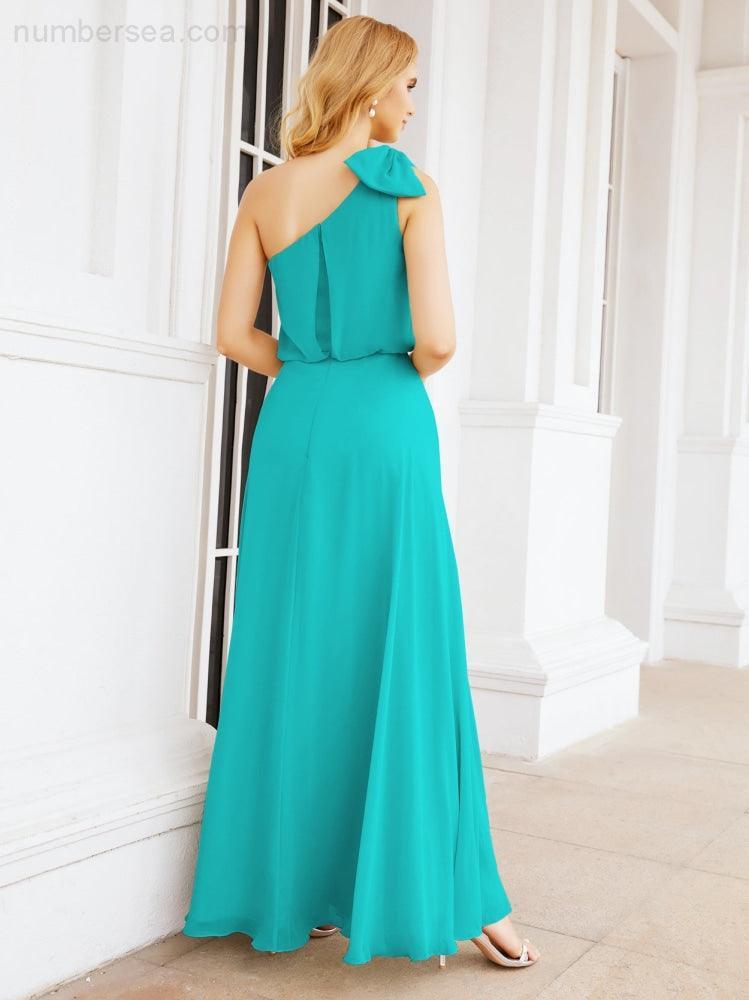 Numbersea Chiffon Ruffled One Shoulder Sleeveless Long Bride Dresses A-line Formal Evening Gown Side Split 28057