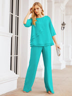 Sunnderly Elegant 2 Piece Mother of The Bride Dress Plus Size Pant Suits Ruffle Layers Sliver Housecoat SY28064