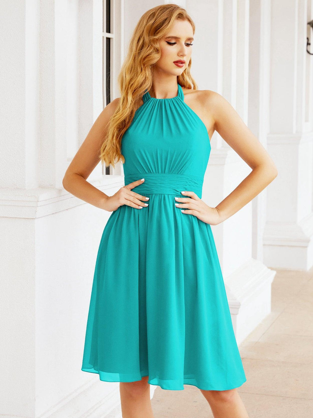 Baoleely Halter Chiffon Bridesmaid Dresses Short Sleeveless Formal Party Dress Open Back 28023