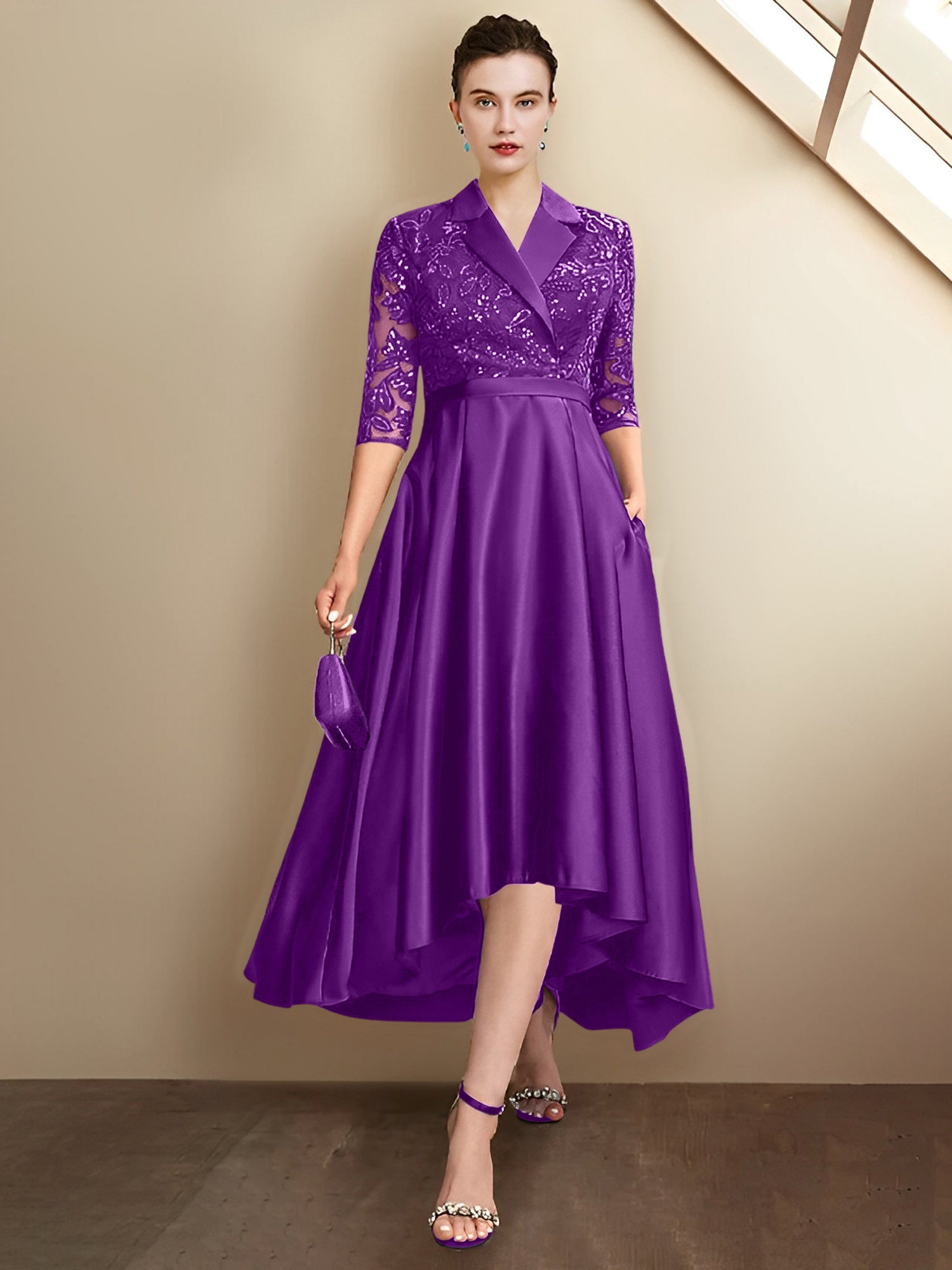 Sheath/Column V-Neck Tea-Length Mother of the Bride Dresses