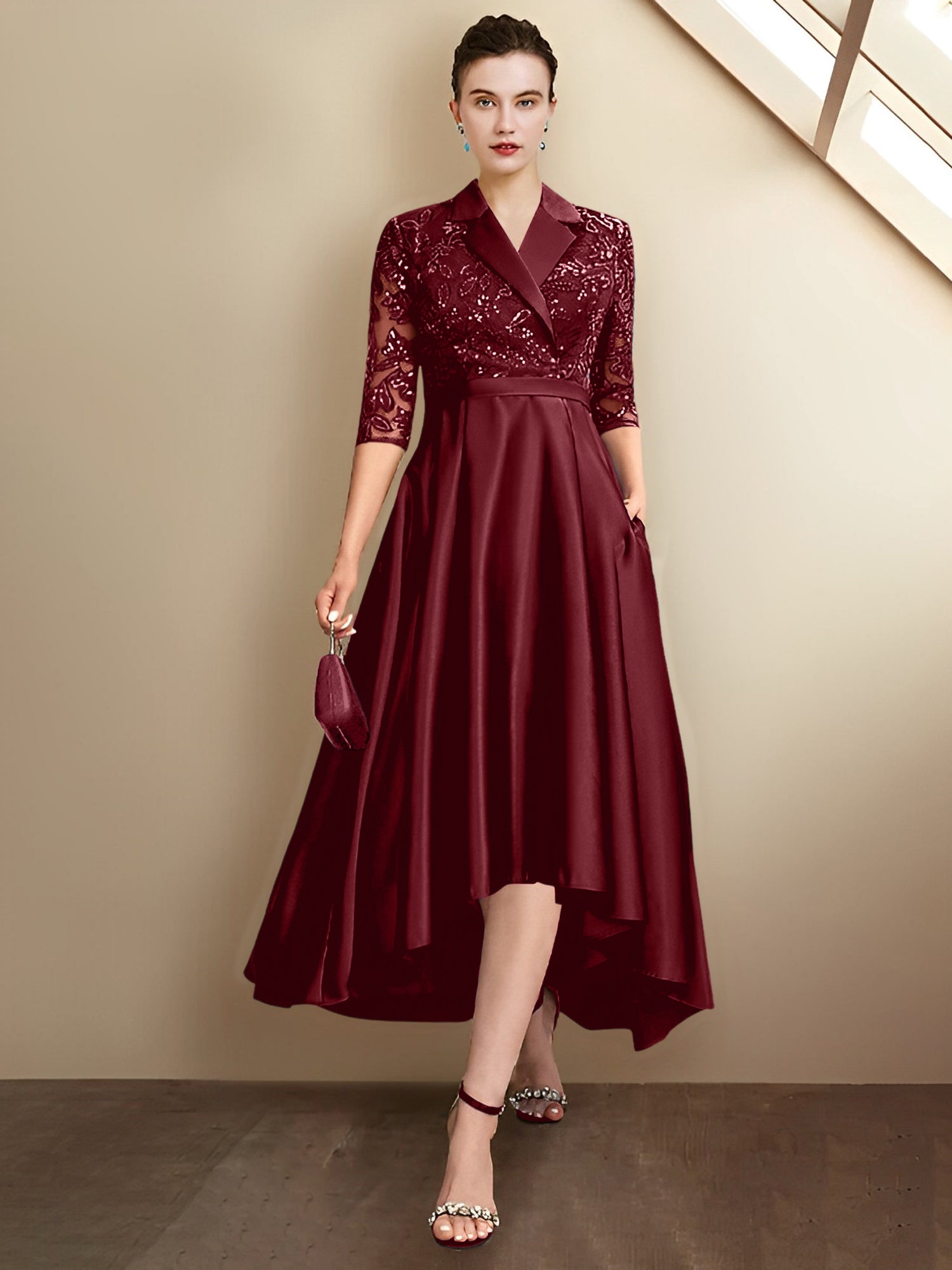 Sheath/Column V-Neck Tea-Length Mother of the Bride Dresses