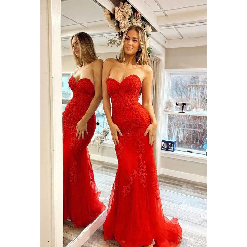 Sweetheart Strapless Lace Appliqued Tulle Long Prom Dress