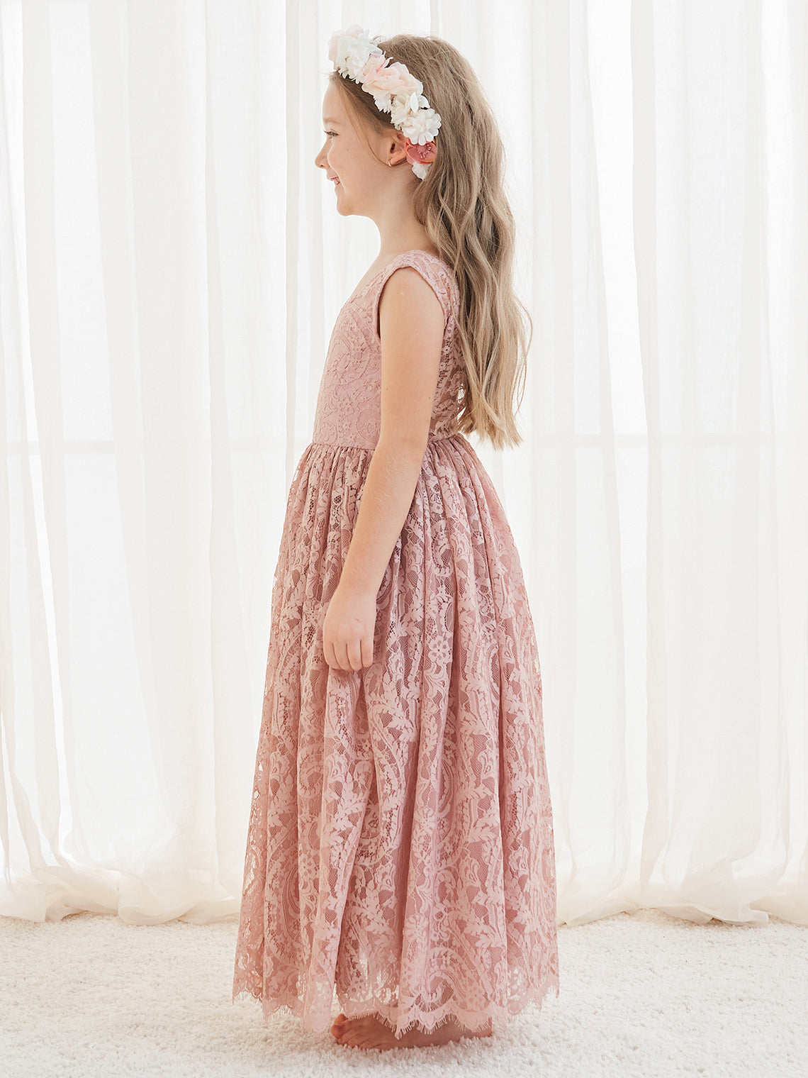 A-line Lace Ankle-length Ivory Boho Flower Girl Dress