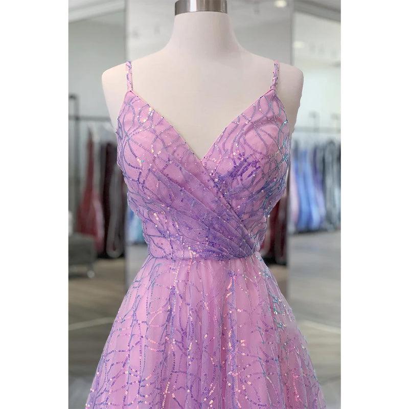 Purple Sequins Lace V-neck A-line Prom Dress Glitter