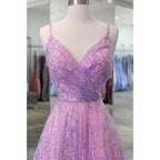 Purple Sequins Lace V-neck A-line Prom Dress Glitter