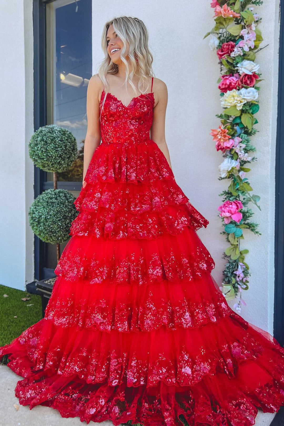 A Line Spaghetti Straps Tiered Lace Prom Dress