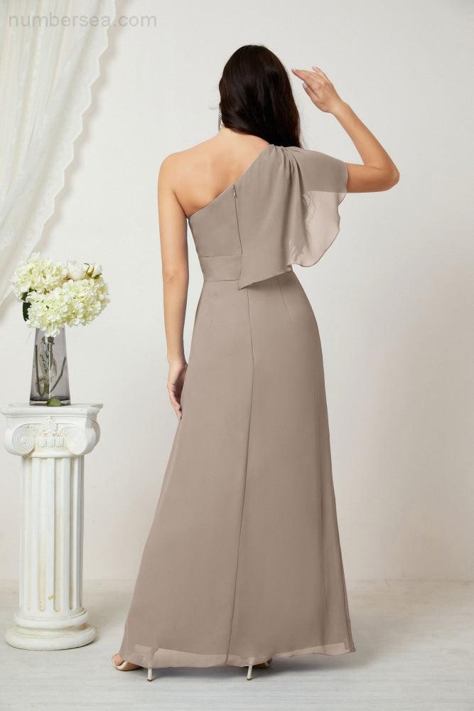 Numbersea  Chiffon Ruffled One Shoulder Long Bridesmaid Dresses A-line Formal Evening Gown Side Split 2809