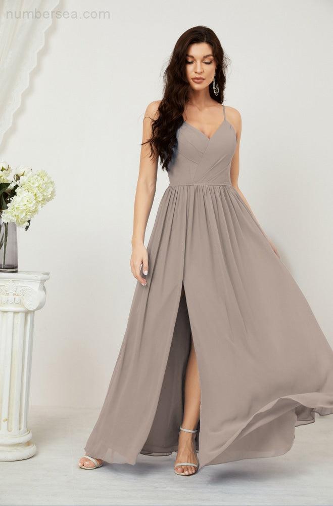 Baoleely  Neck Bridesmaid Dresses Chiffon Long Spaghetti A-line Formal Prom Gown for Wedding Party Evening 2801