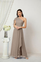 Numbersea  Chiffon Ruffled One Shoulder Long Bridesmaid Dresses A-line Formal Evening Gown Side Split 2809