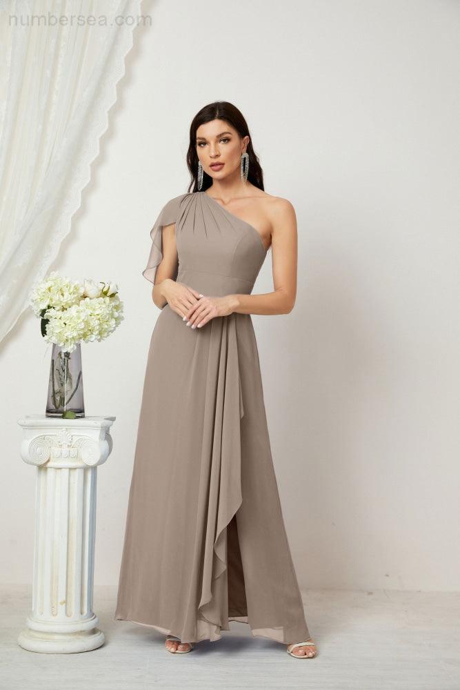 Numbersea  Chiffon Ruffled One Shoulder Long Bridesmaid Dresses A-line Formal Evening Gown Side Split 2809
