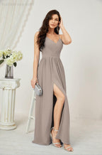 Baoleely  Neck Bridesmaid Dresses Chiffon Long Spaghetti A-line Formal Prom Gown for Wedding Party Evening 2801