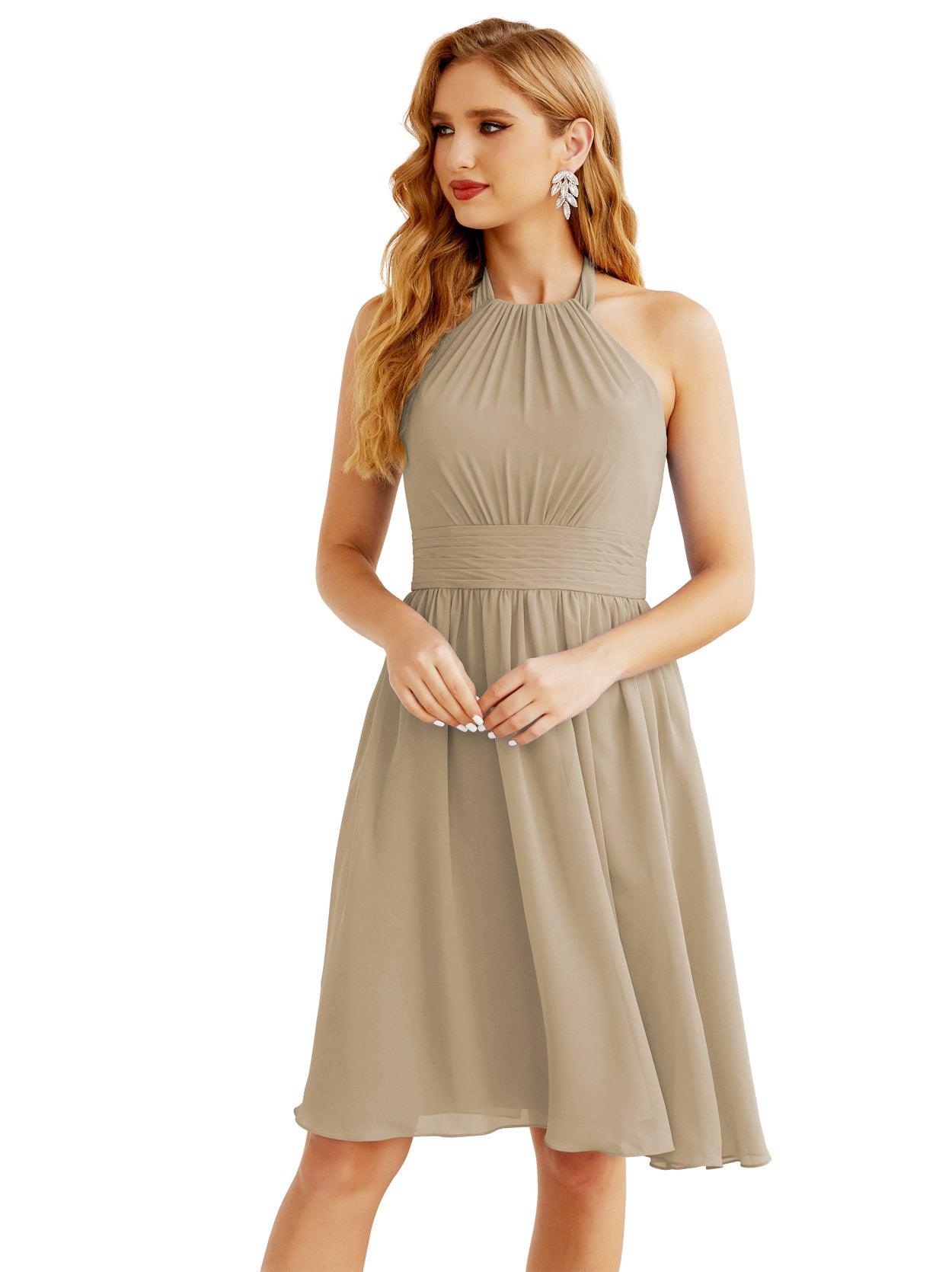 Baoleely Halter Chiffon Bridesmaid Dresses Short Sleeveless Formal Party Dress Open Back 28023