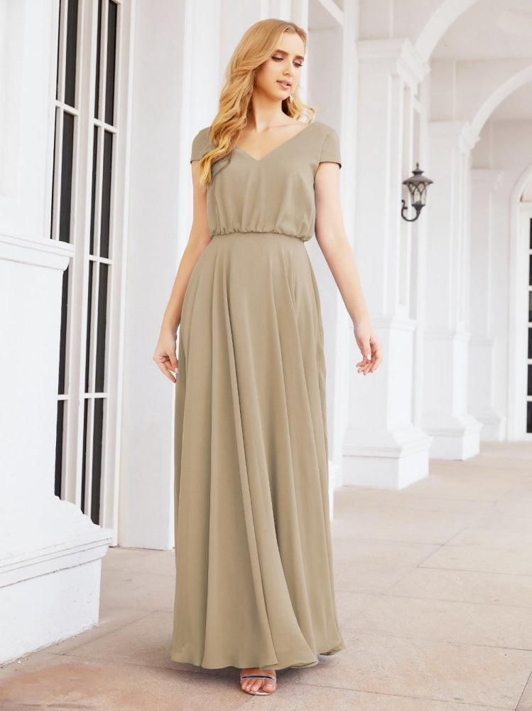 Numbersea V-Neck Bridesmaid Dresses Long Cap Sleeves Prom Evening Formal Gowns 28071