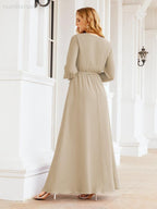 Numbersea Women's Chiffon Bridesmaid Dress A line Long Sleeves Formal Evening Prom Gown for Wedding Guest 28032