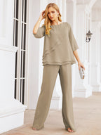 Sunnderly Elegant 2 Piece Mother of The Bride Dress Plus Size Pant Suits Ruffle Layers Sliver Housecoat SY28064